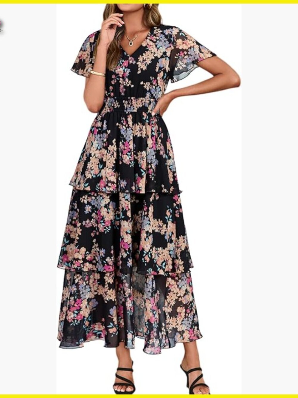 Floral Maxi Dress Boho Tiered Ruffle Short Sleeves V Neck Wedding Guest